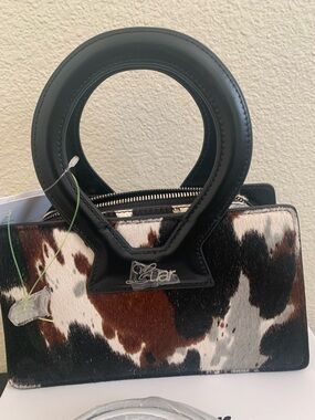 Cowhide-Print Mini Top-Handle Bag in Black, Brown & White